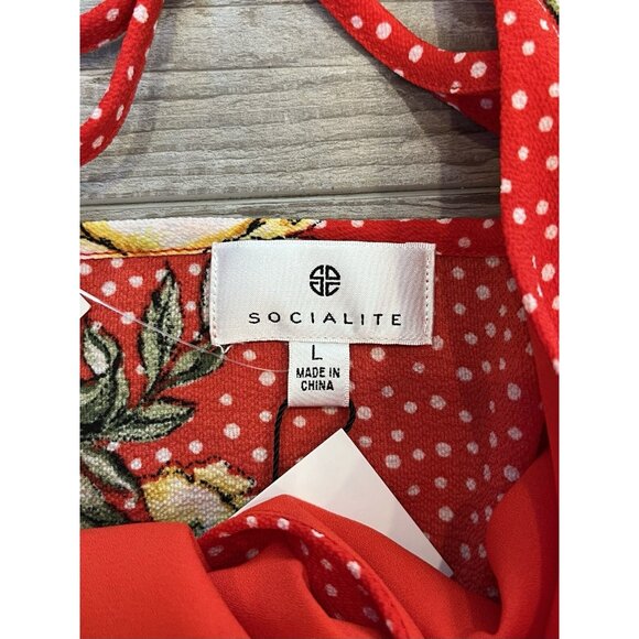 Socialite Wrap Jumpsuit w/ leg slits NWT Sz Large, Red White Polka Dot Floral - Picture 2 of 16